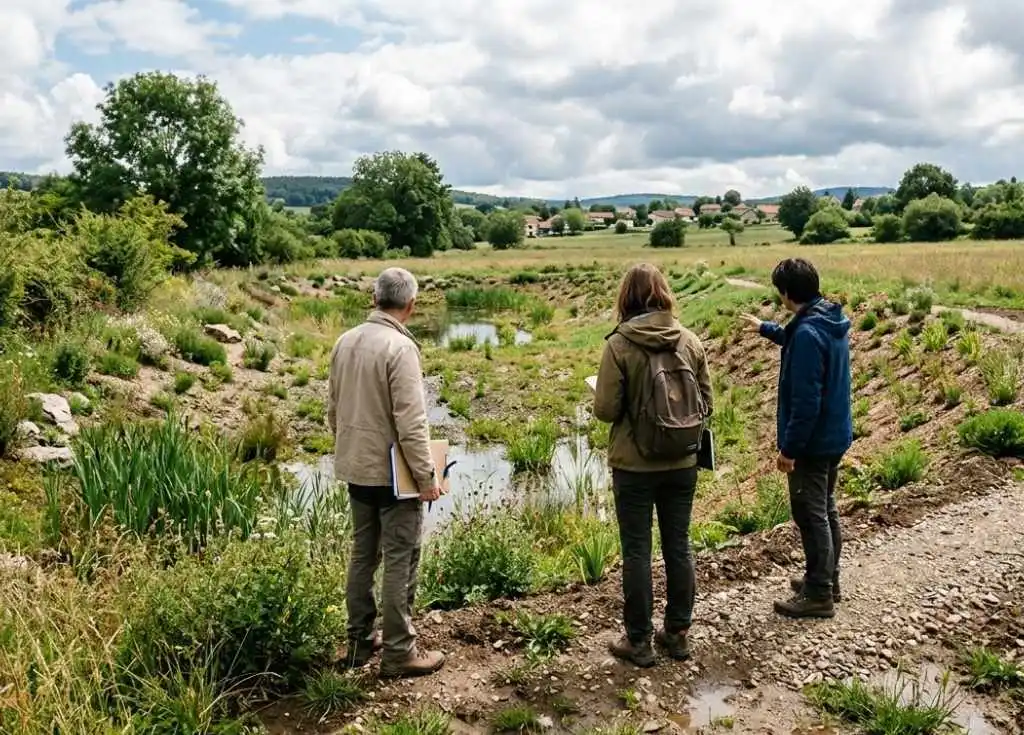 Visite de terrain sur un site naturel dans le cadre d'une étude de gestion des eaux pluviales